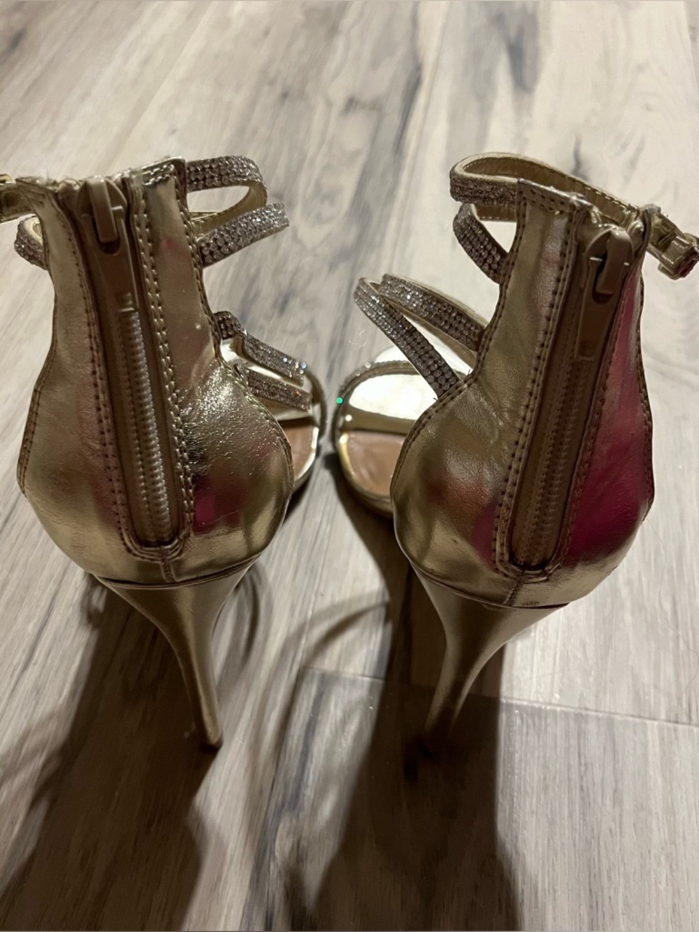 Steve Madden Gold Silver Rhinestone Strappy Stiletto Sandals - Picture 3 of 5